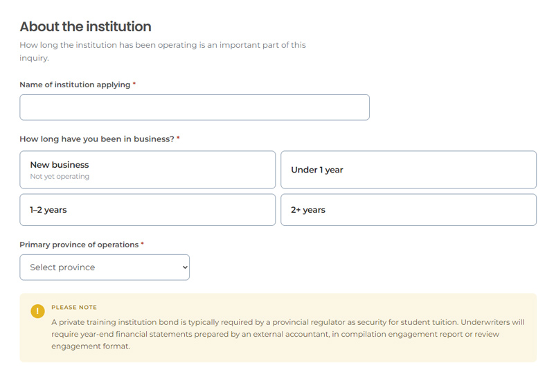 Private Training & Educational Institution Bond Application